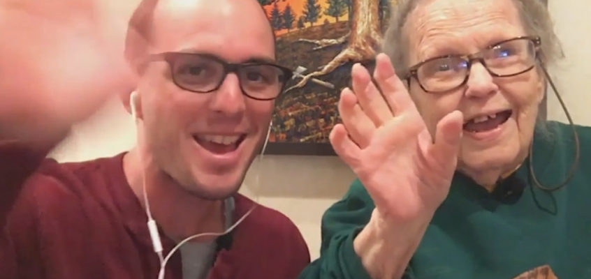 Calvin Keeney and his Memaw waving at the camera