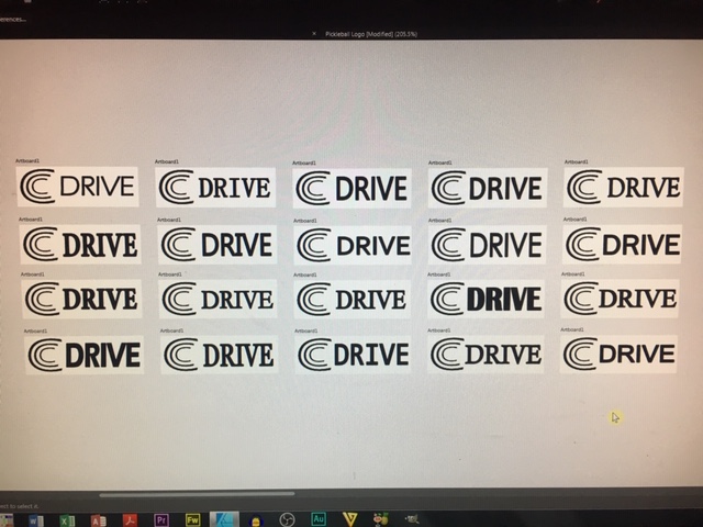 20 different fonts of the word "DRIVE" next to the triple "C" logo for Calvin Keeney's C DRIVE pickleball