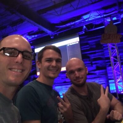 Image of Calvin Keeney with his two brothers at Cap City Comedy Club waiting to see comedian Tom Green