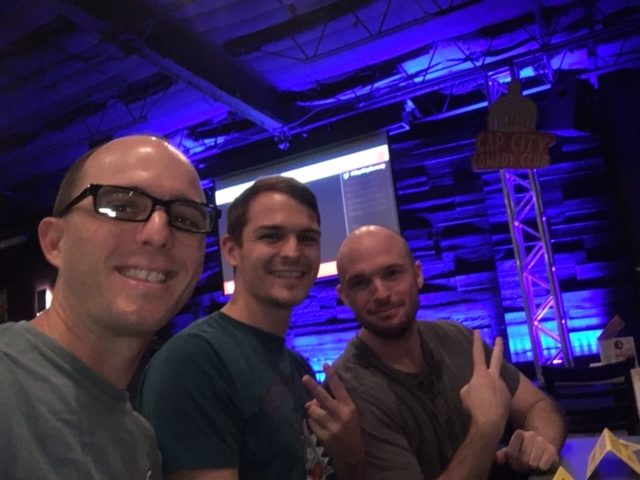 Image of Calvin Keeney with his two brothers at Cap City Comedy Club waiting to see comedian Tom Green