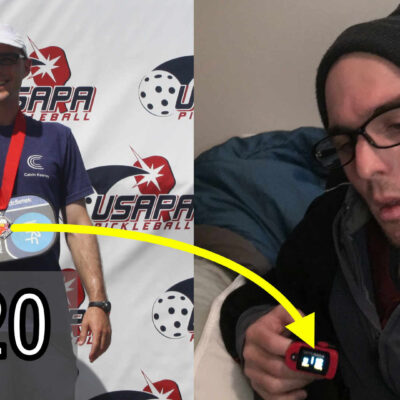Calvin Keeney with a silver medal from Mid South Pickleball tournament on the left. Calvin Keeney sick and with a pulse oximeter on the right