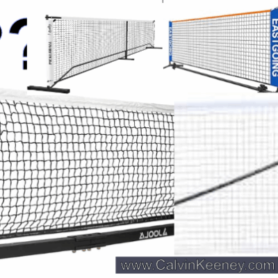 4 Different Portable Pickleball Nets with Question Marks in the Background.